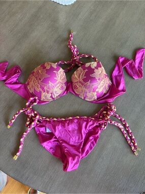 Beach Bunny pushup Pink and Gold lace overlay and Braided-Strap Bikini set